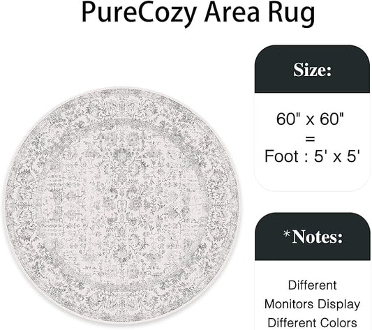 Grey Round Area Rug 5ft Entryway Door Mat Small Circle 5x5 Kitchen Vintage Carpet Non Slip Indoor Bedroom Washable Distressed Floral Retro Accent Throw Rug Office Bathroom