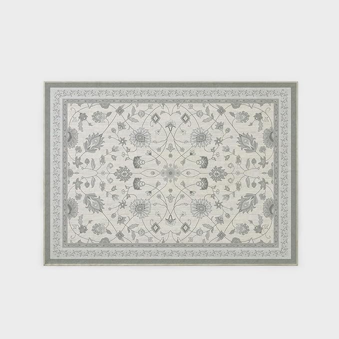 EVERGRACE Area Rugs for Living Room 5x7, Boho Floral Faux Wool Indoor Outdoor Rugs, Washable Rugs for Bedroom Dining Room Entryway Kitchen, Low Pile Floor Mat Carpet for Home Decor, Cool Gray