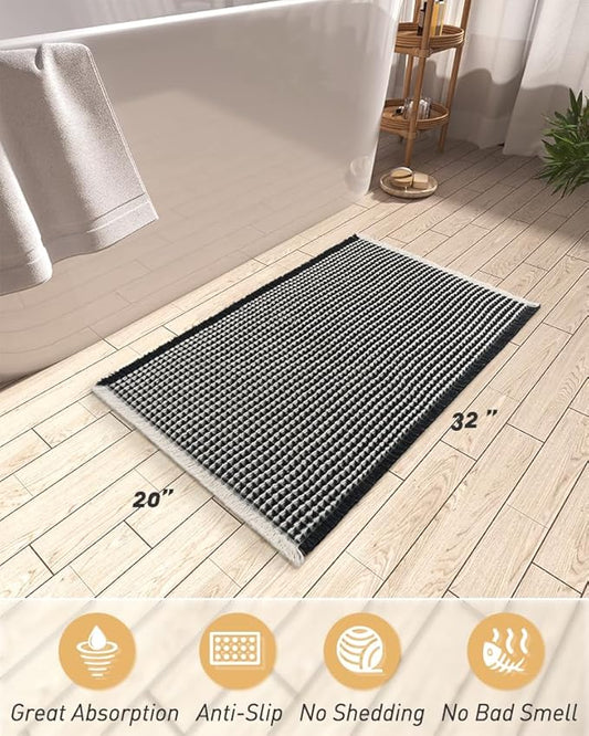 AMOAMI Upgraded Waffle Bath Mat, Super Absorbent Non Slip Bath Mats for Bathroom Floor, Machine Washable Bathroom Rugs with Tassels, Rubber Backed Bathroom Mats, Ultra Soft, 20" x 32",Black & Cream
