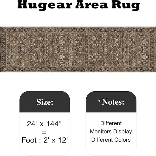HUGEAR 2x12 Runner Rug Machine Washable Brown Hallway Area Rug Indoor Accent Rug Floral Low Pile Carpet Soft Throw Rug Bedroom Living Room Office Dining Room Kitchen Laundry Room Non Slip