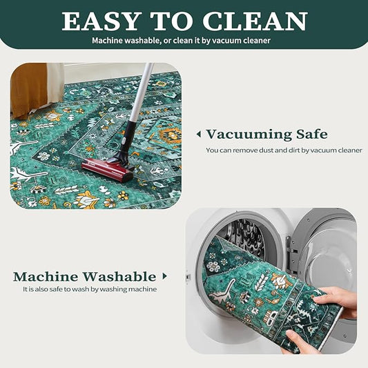 SERISSA Boho Rugs for Entryway, 2x3 Teal Entryway Rug Non-Slip Washable Small Area Rug, Ultra Soft Oriental Vintage Low-Pile Indoor Door Mat Floor Carpet for Entrance Bedroom Kitchen Bathroom