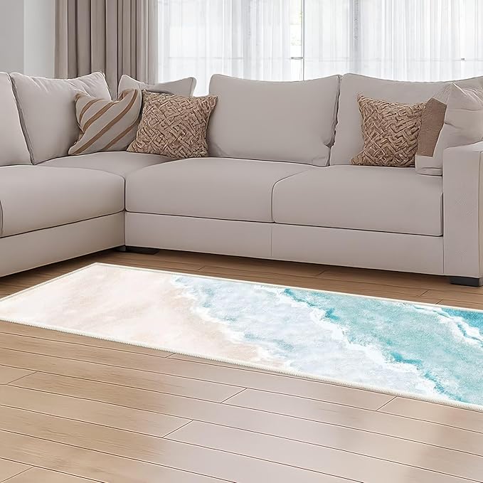 Beach Pattern 2.6x8ft Runner Rug Non Slip Washable Kitchen Runner Rug with Rubber Backing,Low-Pile Soft Washable Runner Rugs for Hallway Entryway Kitchen Bedroom Living Room Bathroom