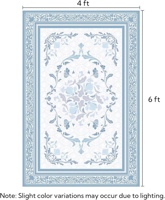SOULFUL Medium Pile 4x6 Rugs for Living Room - Cozy Soft Underfoot Area Rug - Mist Blue Boho Floral - Washable Non-Slip - Perfect for Bedroom Kids Room Under Dining Table Office