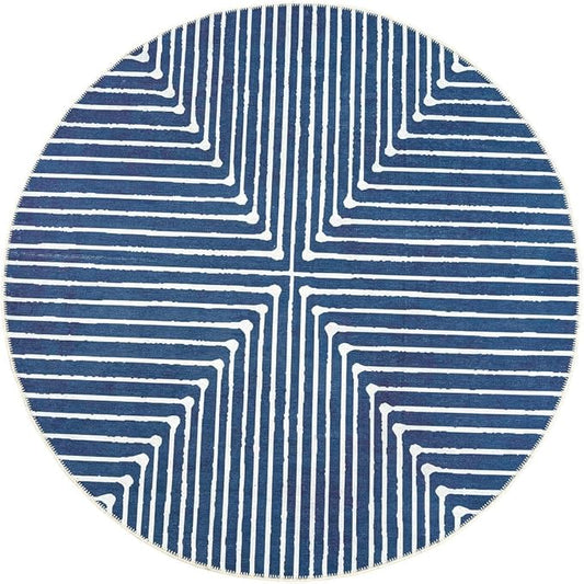 GLN Rugs Contemporary Collection - Machine Washable Area Rug, Contemporary Washable, Non Slip, Low Pile Chenille Rug, Living Room, Bedroom, Kitchen Rug (5'3" Round Lines Blue)