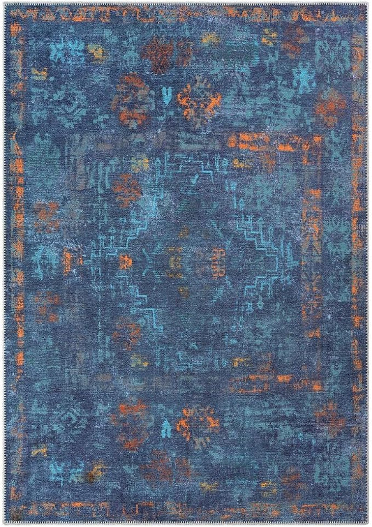 GLN Rugs Contemporary Collection - Machine Washable Area Rug, Contemporary Washable, Non Slip, Low Pile Chenille Rug, Living Room, Bedroom, Kitchen Rug (4' x 6' Midnight/Multi)