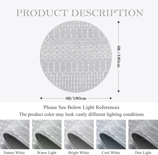 Lahome Moroccan Round Rugs 6Ft Washable Circle Area Rug for Living Room Grey Non-Slip Stain Resistant Dining Room Rug Large Circle Rug, Modern Geometric Print Indoor Round for Bedroom Entryway
