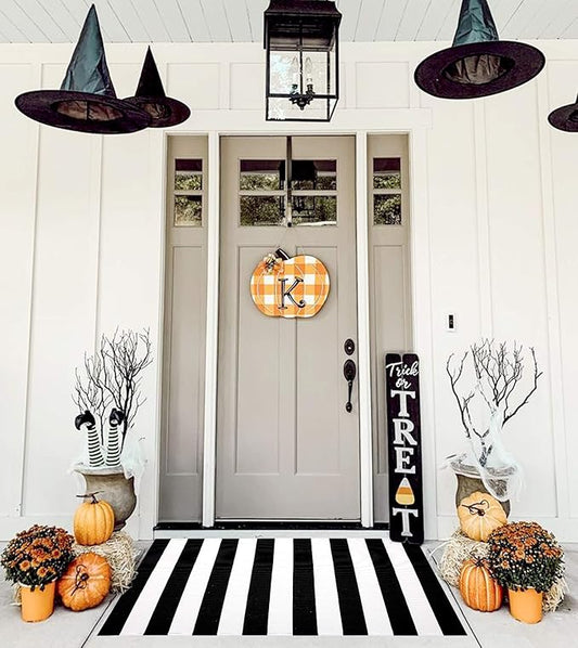 KOZYFLY Black and White Area Rug 27.5x43 Inches Striped Front Door Rug Cotton Washable Indoor Outdoor Rug Doormats Outdoor Small Striped Rugs for Kitchen Entryway Patio Front Porch Decor