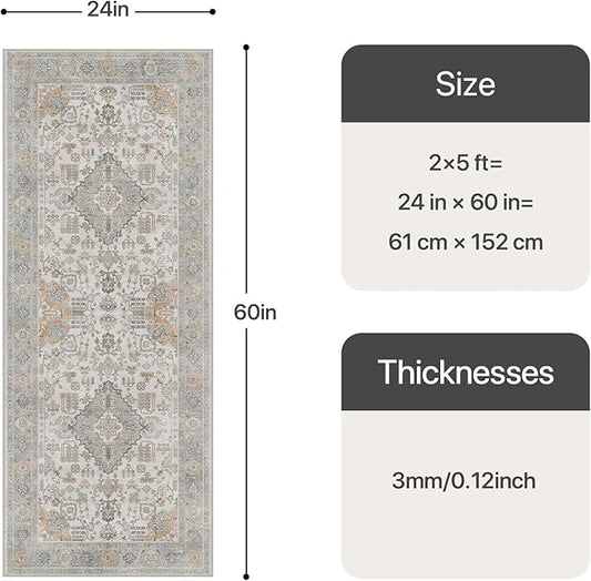 Bavni 2x5 Washable Runner Rug for Hallway, Vintage Grey Rug with Non-Slip Backing, Oriental Distressed Print Indoor Kitchen Runner, Low Pile Thin Soft Small Rugs for Entryway, Bedroom, Laundry Room