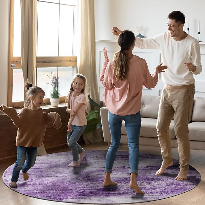 Round 5ft Abstract Rug, Modern Washable Indoor Circle Area Rugs for Living Room, Soft Circular Non-Slip Carpet Floor Mat for Entryway Dining Room Home Office - Abstract Purple