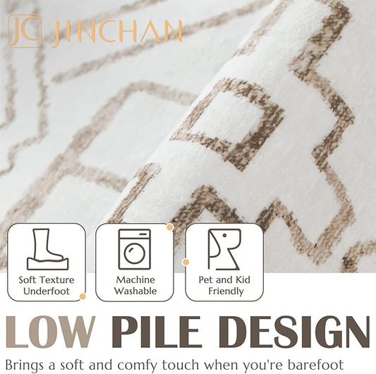 jinchan Moroccan 4x6 Area Rugs for Bedroom - Machine Washable Soft Modern Geometric Stain Resistant Non-Slip Ultra-Thin Low-Pile Faux Wool Carpet for Living Room Kitchen Dining Room (4x6ft, Taupe)