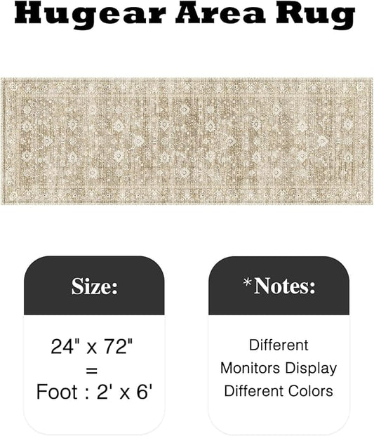 HUGEAR 2x6 Runner Rug Machine Washable Beige Hallway Area Rugs Indoor Accent Rugs Floral Low Pile Carpet Distressed Throw Rug Bedroom Living Room Office Dining Kitchen Laundry Non Slip