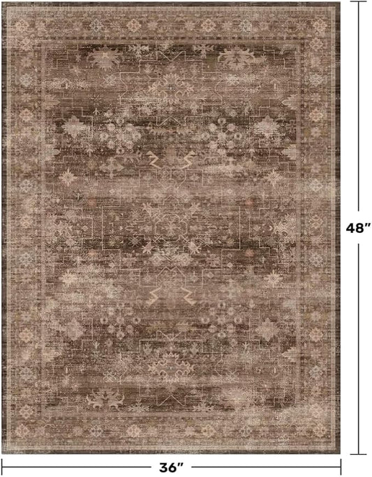 Brown Boho Washable Entry Rug, 3x4 Rugs for Entryway Kitchen Bathroom Door Mat Indoor Entrance, Non Slip Rubber Backing, Stain & Fade Resistant, Earthy Taupe Floral Design