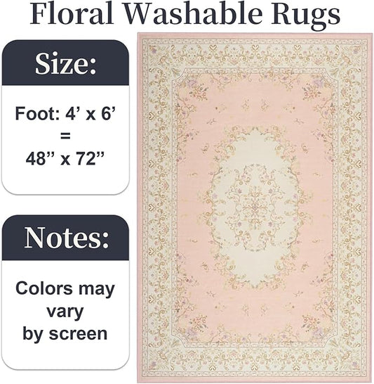 Nursery Rug for Baby Girl, Cute Pink 4x6 Area Rugs for Bedroom Non Slip, Floral Washable Soft Faux Wool Carpet for Living Room Dorm Kids Playroom Office Kids Playroom