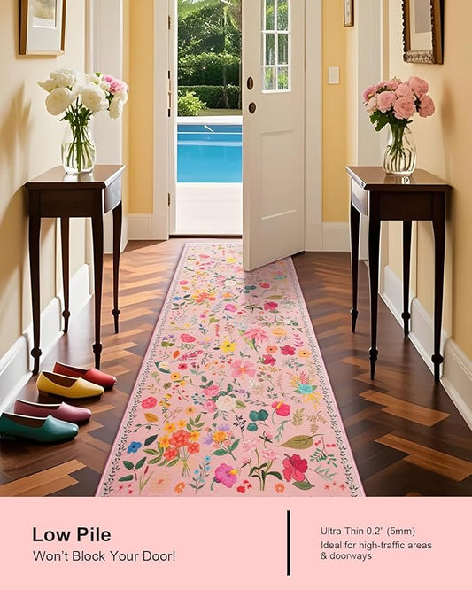 Boho Floral Runner Rug 2x6, Washable Non-Slip Kitchen Rug, Ultra Soft Vintage Carpet for Hallways, Kitchen, Bedroom, Bathroom (Pink)