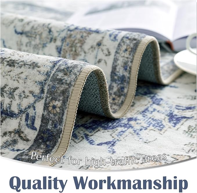 jinchan Kalen Runner Rug 2x5 Washable Area Rug Soft Vintage Hallway Indoor Floor Mat Thin Retro Distressed Carpet Blue Floral Print Country Accent Non Slip Bathroom Kitchen Bedroom Living Room