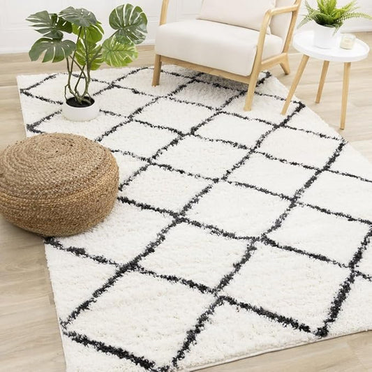 Geometric Grey and White 7x10 Area Rug, Carpet with Lattice Pattern, Large Rug Styled as a Modern Soft Carpet for Living Room Spaces