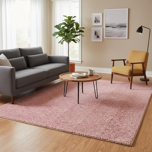 Modern Herringbone Chevron Collection Handcrafted Wool Area Rug - Durable, Zigzag Pattern, for High Traffic, Contemporary Design for Living Room, Bedroom, Dining Room Decor (Blush Pink, 7' x 7')