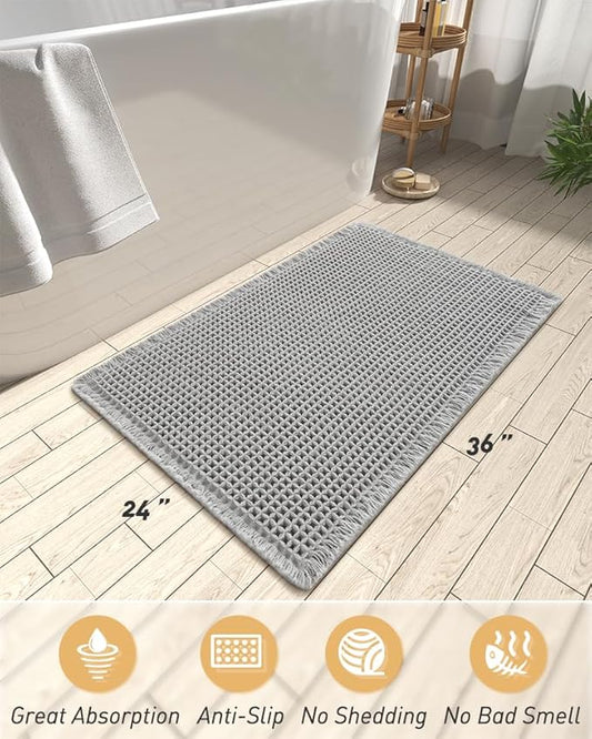 AMOAMI Upgraded Waffle Bath Mat, Super Absorbent Non Slip Bath Mats for Bathroom Floor, Machine Washable Bathroom Rugs with Tassels, Rubber Backed Bathroom Mats, Ultra Soft, 24" x 36", Grey