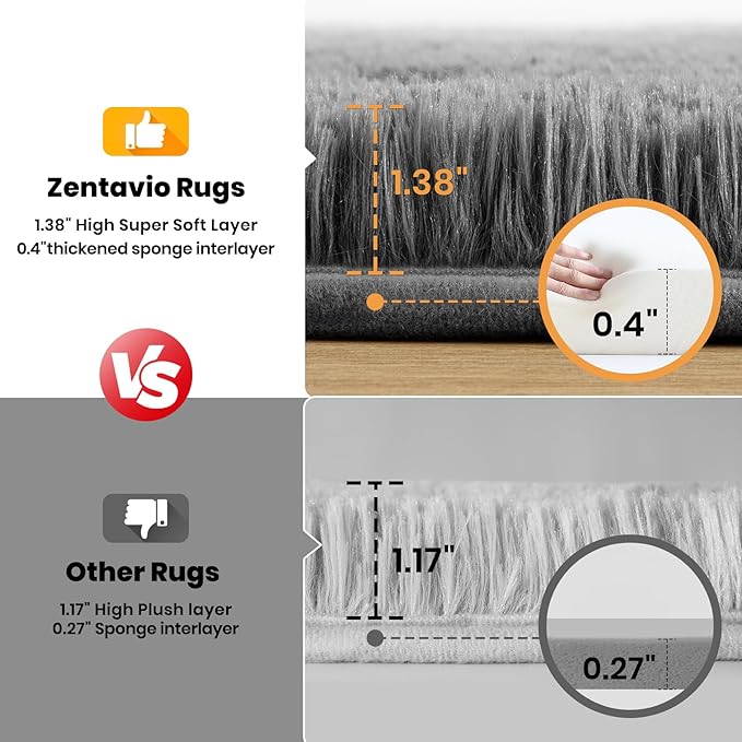 Zentavio Area Rugs for Living Room Grey Rugs for Bedroom 4x6 Carpet Fluffy Furry Soft Shag Aesthetic Plush High Pile Gray Throw Rug for Nursery Kids Room Dorm