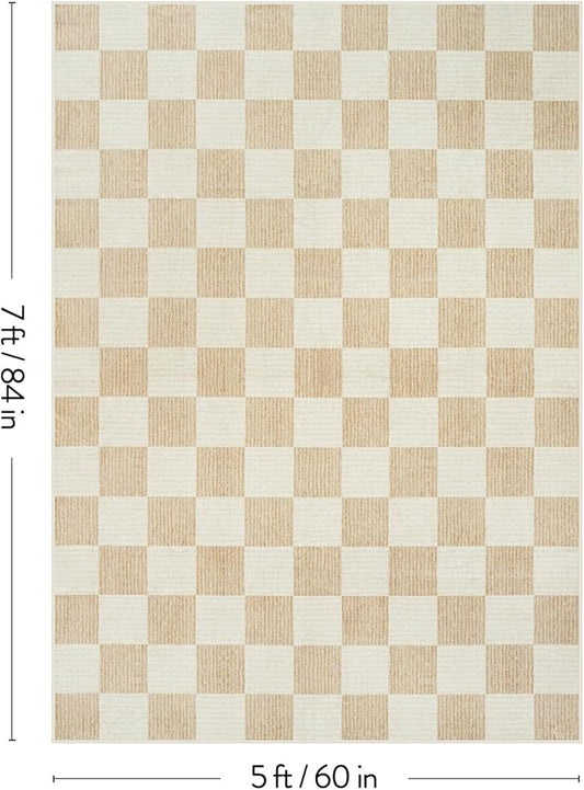 Machine Washable 5x7 Area Rugs for Living Room Checkered, Non Slip Soft Low Pile Farmhouse Geometric Modern Neutral Playroom Boys Rugs for Bedroom, Large Carpet Rugs for Dining Room(Ivory,5'x7')