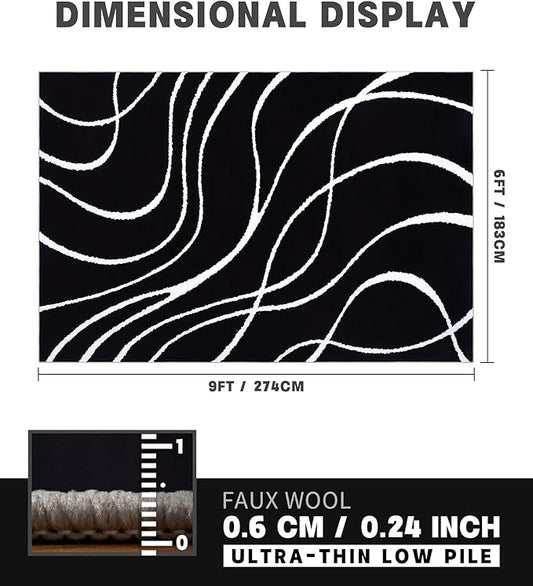 YIHOUSE Black Modern Area Rug 6x9,Abstract Rugs for Bedroom,Black and White Geometric Rug,Minimalist Striped Rug,Dark Washable Area Rugs 5x7 Non Slip Rugs for Living Room,Office