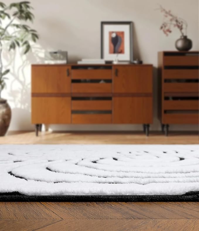 YIHOUSE Modern Rugs for Living Room 6x9, Washable Black and White Bedroom Rug, Fluffy Geometric Dining Room Rugs for Under Table Home Decor