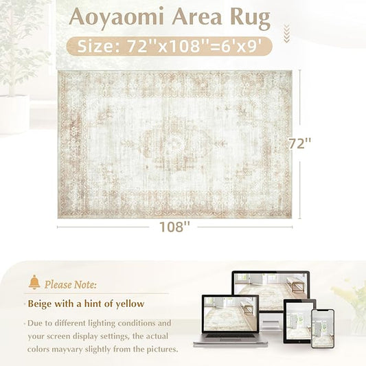 Vintage Living Room Area Rug - 6x9 Large Machine Washable Boho Moroccan Distressed Farmhouse Rugs for Bedroom - Soft Non-Slip Indoor Floor Accent Rugs for Office Dining Room (Beige, 6' x 9')