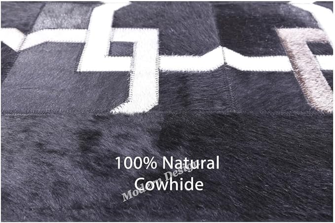 Modern Design Premium Cowhide Leather Carpet with Chevron Pattern, Area Rug (Black/Grey/White, 4x6)