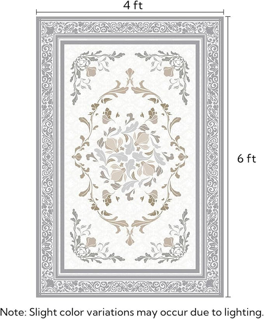 SOULFUL Medium Pile 4x6 Rugs for Living Room - Cozy Soft Underfoot Area Rug - Light Taupe Boho Floral - Washable Non-Slip - Perfect for Bedroom Kids Room Under Dining Table Office