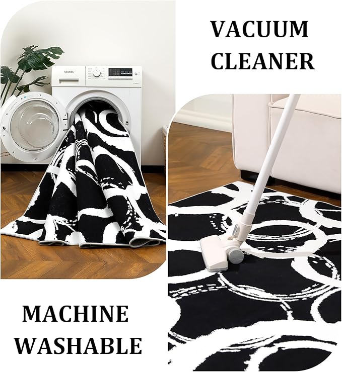 YIHOUSE Black Modern Geometric Area Rug 8x10, Black and White Rug with Abstract Circles,Non-Shedding Washable Rugs for Bedroom, Home Office and Living Room