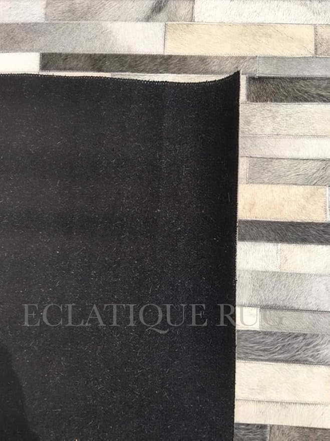 Cowhide Leather Rug for Living Room 9x12, Modern Stripes Style Floor Carpet, Washable Dark Grey Area Rug for Home Decor