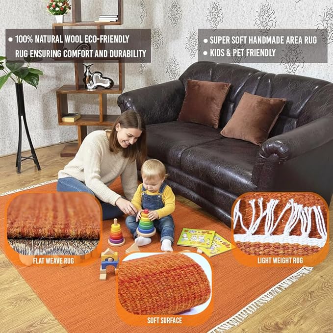 HAND WOVEN FLAT WEAVE KILIM WOOL ECO-FRIENDLY AREA RUGS - 6'x9', Rectangle Shape, Dark Orange Color, Plain Solid Design, Low Pile Handmade Area Rugs for Living Room, Bed Room (D00111)