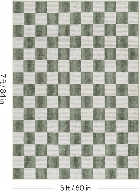 Machine Washable 5x7 Area Rugs for Living Room Checkered, Non Slip Soft Low Pile Farmhouse Geometric Modern Neutral Playroom Boys Rugs for Bedroom, Large Carpet Rugs for Dining Room(Sage Green,5'x7')