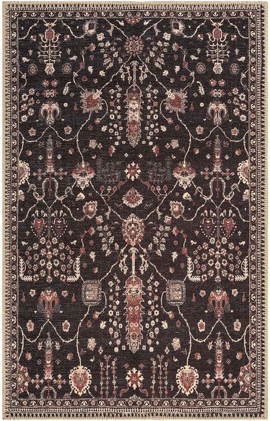 GLN Rugs Traditional Collection - Machine Washable Area Rug, Traditional Washable, Non Slip, Low Pile Chenille Rug, Living Room, Bedroom, Kitchen Rug (2' x 3' Black)