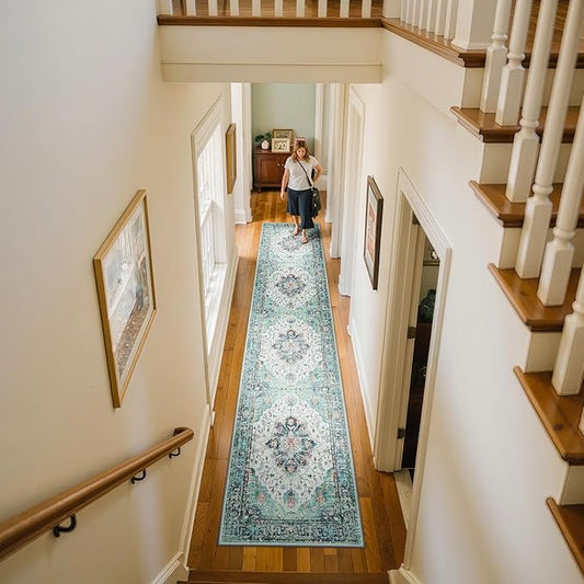 Area Rugs 2'x10' Washable Non-Slip, Floral Vintage Distress Print Pattern Medallion Carpet for Living Room Bedroom Dining Room, Green Navy Blue White Red Teal Colorful