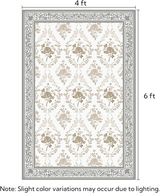 SOULFUL Medium Pile 4x6 Rugs for Living Room - Soft Underfoot Area Rug - Light Taupe Boho Floral - Washable Non-Slip - Perfect for Bedroom Kids Room Under Dining Table Office