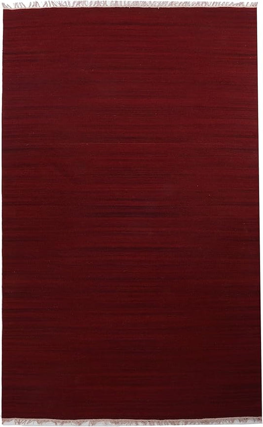 Rugsotic Carpets Hand Woven Flat Weave Kilim Wool ECO-Friendly Area Rugs - 6'x9', Rectangle Shape, Burgundy Color, Solid Plain Design, Low Pile Handmade Rugs for Living Room, Bed Room (D00111)