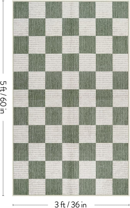 LIVEBOX 3x5 Washable Area Rug Checkered, Non-Slip Small Entryway Rug Green Farmhouse Neutral Classic Geometric Boys Rug for Bedroom Room Low-Pile Carpet for Indoor Kitchen Bathroom(Sage Green 3'x5')