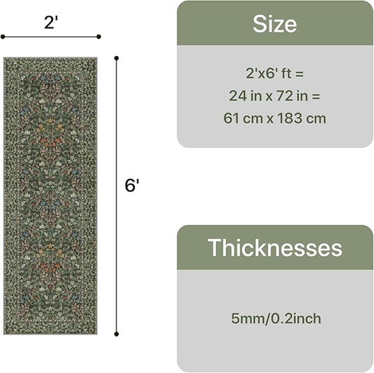Bavni Boho Floral Kitchen Runner Rug 2x6, Washable Non Slip Thin Carpet for Hallway Bathroom Laundry Room, Ultra Soft Botanical Runner for Entryway, Modern Indoor Floor Decor, Emerald Green
