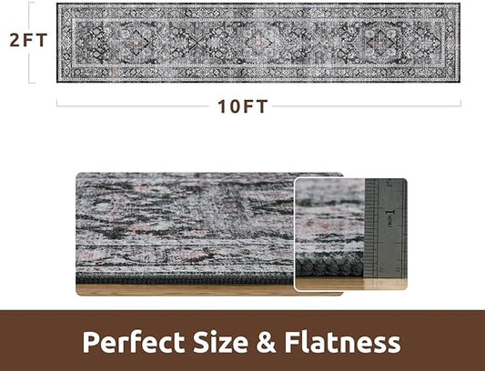 AMOAMI-2X10 Runner Rug-Washable Runners for Hallways-Soft Non Slip Bedside Rugs for Bedroom-Vintage Long Rug for Hallways Entryway Laundry Room Stair Kitchen Bathroom Dark Grey & Black
