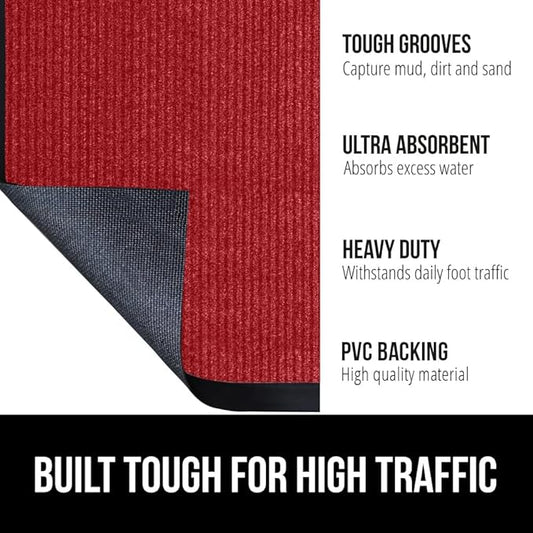 GORILLA GRIP Waterproof Traffic Guard Door Mat, 59x24, Heavy Duty Entryway Mats, Strong Rubber Back Commercial Utility Rugs for Office Hallway, Garage Floor and Home, Low Profile Carpet Runner, Red