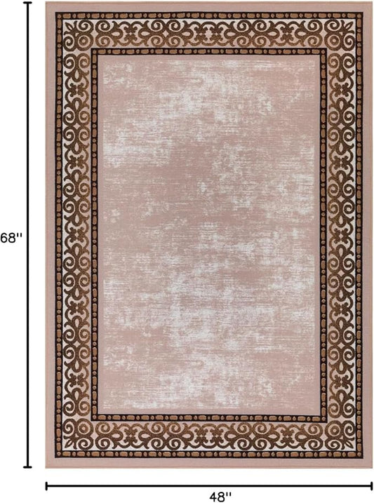 Antep Rugs Alfombras Bordered Modern 4x6 Non-Slip (Non-Skid) Low Pile Rubber Backing Indoor Area Rug (Beige, 4' x 5'8")