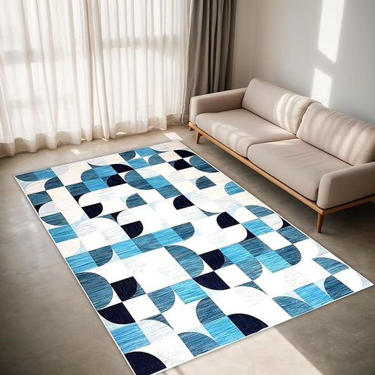 Modern Washable Area Rugs 5x7 Abstract, Boho Low-Pile Rugs for Living Room Bedroom Playroom, Large Throw Floor Carpet Non Slip Ultra-Thin Soft Rug Navy Blue