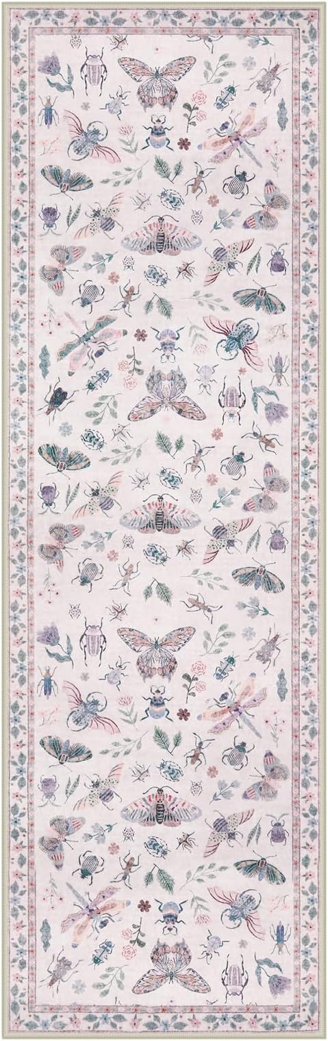 Lahome Insect Hallway Runner Rug, 2'5''x8' Ultra-Thin Washable Runners for Hallways Kitchen, Soft Laundry Room Rug Non-Slip Long Carpet for Entryway Bedroom Bathroom, Pink