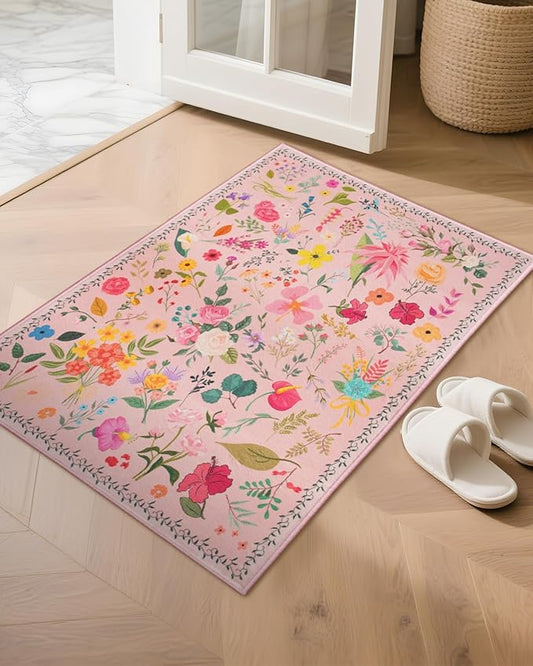 Boho Floral Entryway Rug 2x3, Washable Small Mat for Bathroom and Kitchen, Non Slip Front Door Mat Indoor Entrance, Vintage Style Flower Mat with Rubber Backing, Soft Area Rug for Entry Way (Pink)