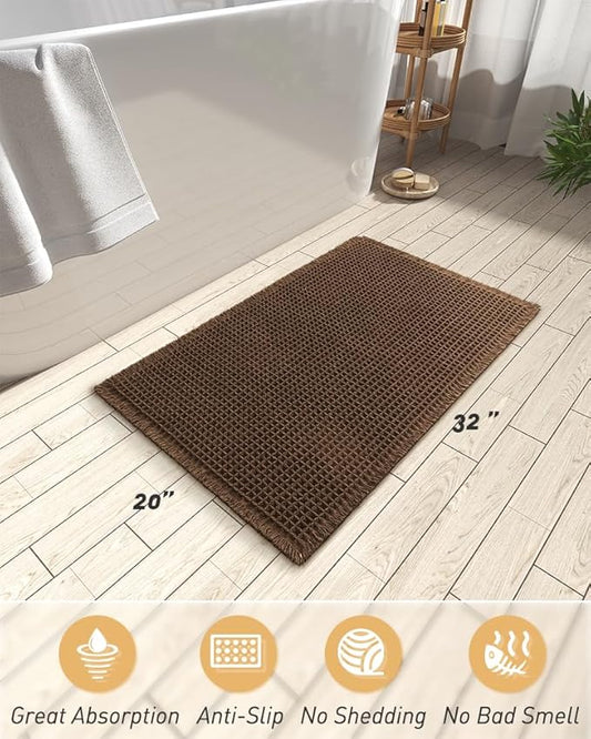 AMOAMI Upgraded Waffle Bath Mat, Super Absorbent Non Slip Bath Mats for Bathroom Floor, Machine Washable Bathroom Rugs with Tassels, Rubber Backed Bathroom Mats, Ultra Soft, 20" x 32",Terracotta