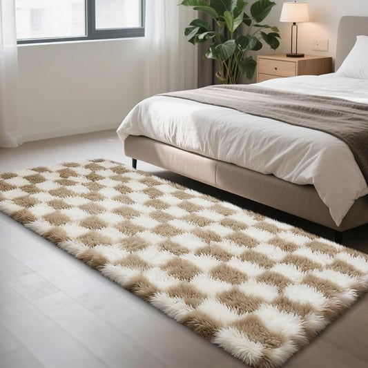 Checkered Rug for Bedroom, 3x7 Beige and White Area Rugs, Classic Checkered Carpets Shaggy Area Rug, Bedside Rugs for Living Room Bedroom Kids Room Home Decor