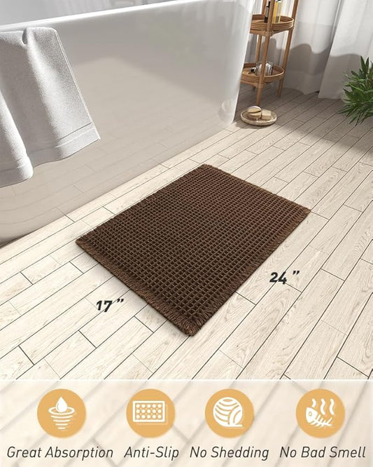 AMOAMI Upgraded Waffle Bath Mat, Super Absorbent Non Slip Bath Mats for Bathroom Floor, Machine Washable Bathroom Rugs with Tassels, Rubber Backed Bathroom Mats, Ultra Soft, 17" x 24",Terracotta