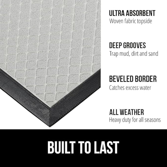 GORILLA GRIP 100% Waterproof All-Season WeatherMax Doormat US Designed Natural Rubber, Stain and Fade Resistant, Low Profile Indoor Outdoor Door Mats, Easy Clean Patio Mat, 17x29, Light Gray