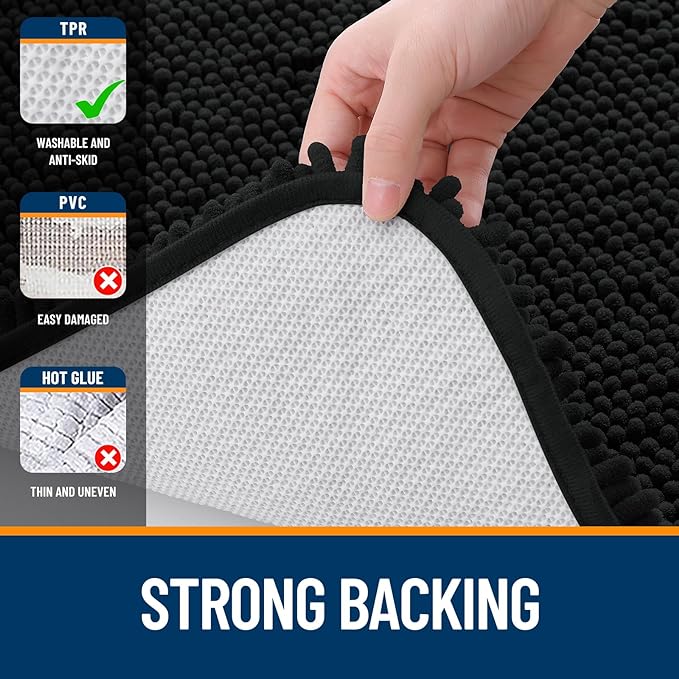 OLANLY Bathroom Rugs 44x24, Extra Soft Absorbent Chenille Bath Rugs, Rubber Backing Quick Dry, Machine Washable Bath Mats for Bathroom Floor, Tub and Shower, Home Decor Accessories, Black